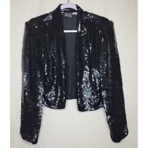 MODI Vintage 80s Black Sequin Silk Bolero Jacket Cropped Open Front Blazer‎